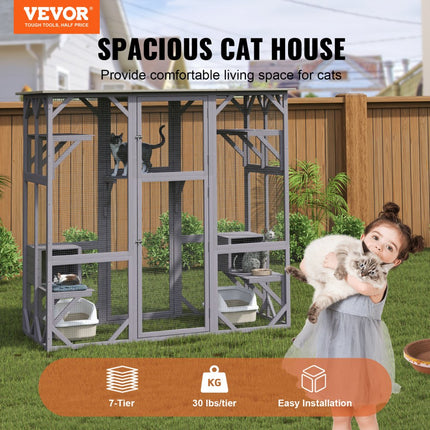 VEVOR Kattenkooi Condo Catio Houten kattenverblijf met 5 platforms, 7-laags dierenbox met 2 rustboxen, kattenkrat Kattenhuis met waterdicht dak, 180 cm L x 88 cm B x 168 cm H