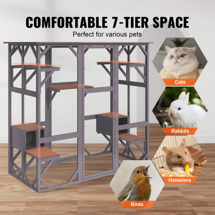 VEVOR Kattenkooi Condo Catio Houten kattenverblijf met 5 platforms, 7-laags dierenbox met 2 rustboxen, kattenkrat Kattenhuis met waterdicht dak, 180 cm L x 88 cm B x 168 cm H