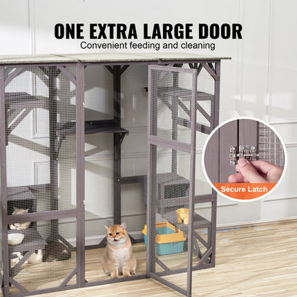 VEVOR Kattenkooi Condo Catio Houten kattenverblijf met 5 platforms, 7-laags dierenbox met 2 rustboxen, kattenkrat Kattenhuis met waterdicht dak, 180 cm L x 88 cm B x 168 cm H
