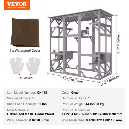 VEVOR Kattenkooi Condo Catio Houten kattenverblijf met 5 platforms, 7-laags dierenbox met 2 rustboxen, kattenkrat Kattenhuis met waterdicht dak, 180 cm L x 88 cm B x 168 cm H