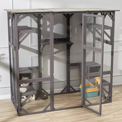 VEVOR Kattenkooi Condo Catio Houten kattenverblijf met 5 platforms, 7-laags dierenbox met 2 rustboxen, kattenkrat Kattenhuis met waterdicht dak, 180 cm L x 88 cm B x 168 cm H