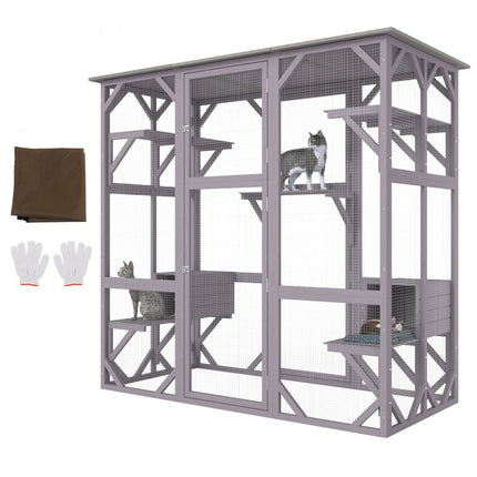 VEVOR Kattenkooi Condo Catio Houten kattenverblijf met 5 platforms, 7-laags dierenbox met 2 rustboxen, kattenkrat Kattenhuis met waterdicht dak, 180 cm L x 88 cm B x 168 cm H