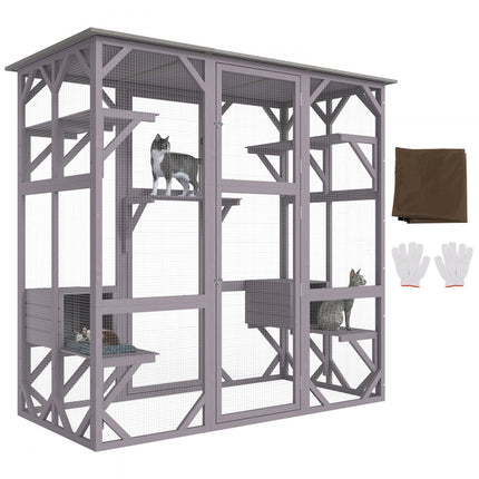 VEVOR Kattenkooi Condo Catio Houten kattenverblijf met 5 platforms, 7-laags dierenbox met 2 rustboxen, kattenkrat Kattenhuis met waterdicht dak, 180 cm L x 88 cm B x 168 cm H