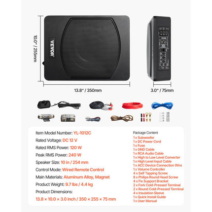 VEVOR Auto-subwoofer onder de stoel 240 W Slank actief subwoofersysteem 254 mm