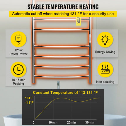 VEVOR Elektrisch Handdoekdroogrek 125W Elektrische Handdoekverwarmer 8 Staven Verwarming Handdoek van Roestvrij Staal met Max 5 Kg Laadvermogen