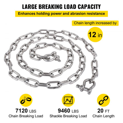 VEVOR ankerketting, 6,1 m x 7,9 mm 316 roestvrijstalen ketting, 9,5 mm ankerkettingbeugel, 3230 kg ankerloodketting breukbelasting, 4291 kg ankerkettingbeugel breukbelasting, ankerketting voor kleine boa