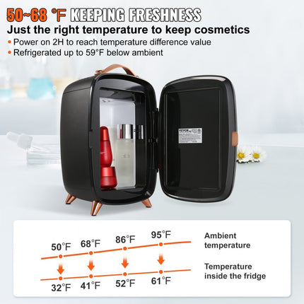 VEVOR 6L draagbare gespiegelde schoonheidskoelkast met LED-verlichting, zwarte 9V DC make-up minikoelkast, 8 blikken 3 LED-spiegellichtmodus, kleine huidverzorgingskoelkast voor kantoor, slaapkamer, enz.