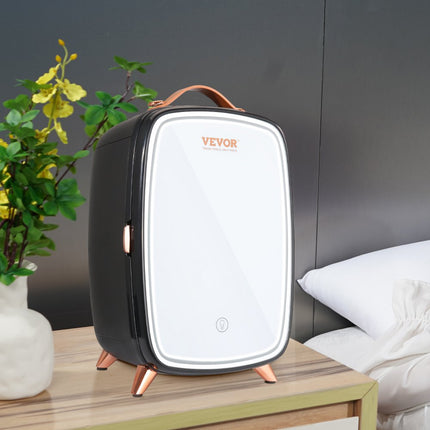 VEVOR 6L draagbare gespiegelde schoonheidskoelkast met LED-verlichting, zwarte 9V DC make-up minikoelkast, 8 blikken 3 LED-spiegellichtmodus, kleine huidverzorgingskoelkast voor kantoor, slaapkamer, enz.