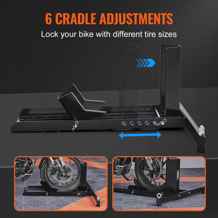VEVOR Motorfiets Voorwiel Chock Motorbike Stand 381-558.8mm Verstelbare Motorbike Chock Stand Laadvermogen 816.5kg Geschikt voor 76.2-203.2mm Bandbreedte Front Paddock Stand