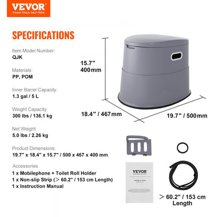 VEVOR 5L campingtoilet met toiletpapier en mobiele telefoonhouder, draagbaar campingtoilet 500 x 467 x 400 mm Reistoilet Noodtoilet Witte toiletten 136,1 kg Gewichtscapaciteit Campertoilet