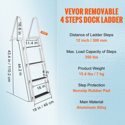 VEVOR-dokladder, 4 verwijderbare treden, laadvermogen van 159 kg, bootladder van aluminiumlegering met 10 cm brede trede en antislip rubberen mat voor het aan boord gaan van schepen/meren/zwembaden/oceanen
