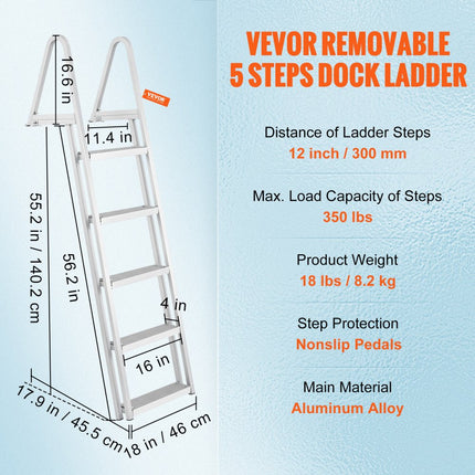 VEVOR zwemtrap bootladder afneembaar 5 treden 159kg draagvermogen 610x455x1825mm
