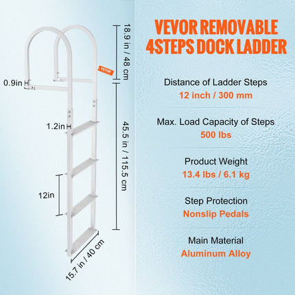 VEVOR Dockladder 4 verwijderbare treden 227kg Laadvermogen Aluminium ponton bootladder met 8cm brede trede en antislip rubberen mat voor het aan boord gaan van schepen/meren/zwembaden/oceanen