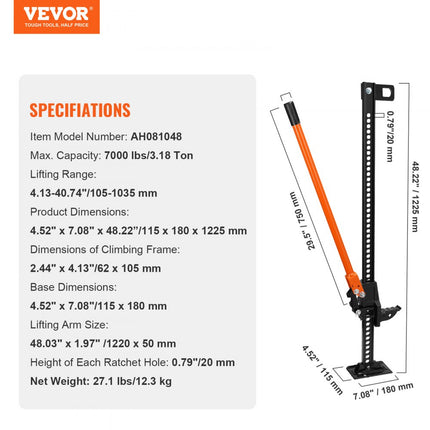 VEVOR Offroad Farm Jack Jack 3.18T Offroad Jack Lift 105-1035mm Offroad Jack Atv Jack voor Farm Road Rescue & Escape Pogingen enz. Stalen Jack Tractor