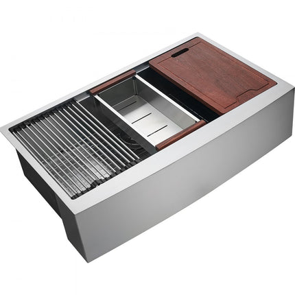 VEVOR Boerderijkeukenspoelbak, ingebouwde spoelbak 304 roestvrij staal, ingebouwde spoelbak met snijplank en afdruipmand en zeef, huishoudelijke spoelbak enkele kom 762 x 558,8 x 228,6 mm keukenwerkstation