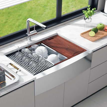 VEVOR Boerderijkeukenspoelbak, ingebouwde spoelbak 304 roestvrij staal, ingebouwde spoelbak met snijplank en afdruiprek en zeef, huishoudelijke spoelbak enkele kom 914,4 x 558,8 x 228,6 mm keukenwerkstation