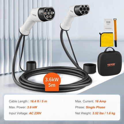 VEVOR Laadkabel Type 2 laadkabel voor elektrische auto's en hybrides 3.6kw 5m kabellengte 1-fase 230V