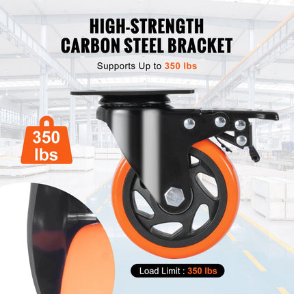 VEVOR meubelwielen set van 4 zwenkwielen PVC φ101,6 mm wielen 635 kg draagvermogen transportwielen met A/B-rem bakwielen 360° draaibaar zware wielen voor huizen kantoren studio's fabrieken