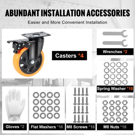 VEVOR meubelwielen set van 4 zwenkwielen PVC φ127mm wielen 816kg draagvermogen transportwielen met A/B-rem bakwielen 360° draaibaar zware wielen voor huizen kantoren studio's fabrieken