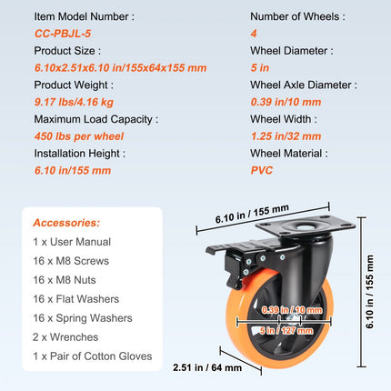 VEVOR meubelwielen set van 4 zwenkwielen PVC φ127mm wielen 816kg draagvermogen transportwielen met A/B-rem bakwielen 360° draaibaar zware wielen voor huizen kantoren studio's fabrieken