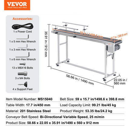 VEVOR transportband 1498,6 x 398,8 mm transporttafel gemotoriseerde transportband voor inkjetcoderingstoepassingen aangedreven PVC-band antistatisch instelbare snelheid (dubbele leuning)