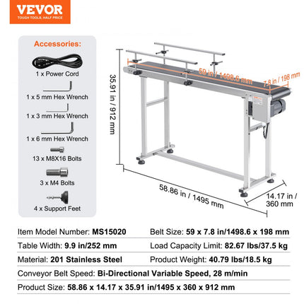 VEVOR transportband 1498,6 x 198,1 mm transporttafel Robuuste roestvrijstalen gemotoriseerde transportband voor inkjetcoderingstoepassingen Aangedreven PVC-band Verstelbare snelheid (dubbele leuning)