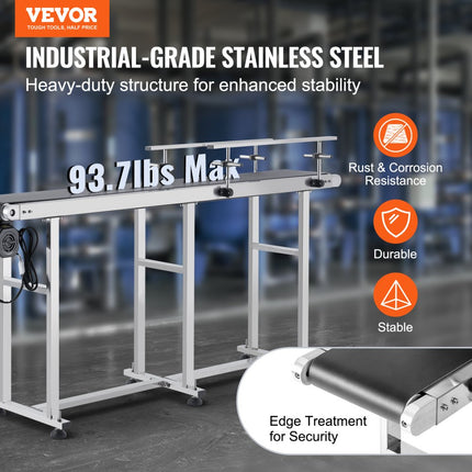 VEVOR transportband, 1803,4 x 198,1 mm transporttafel, roestvrijstalen gemotoriseerde transportband voor inkjetcodeertoepassingen, aangedreven PVC-band, instelbare snelheid (dubbele leuning)
