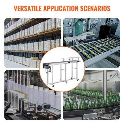 VEVOR transportband, 1803,4 x 198,1 mm transporttafel, roestvrijstalen gemotoriseerde transportband voor inkjetcodeertoepassingen, aangedreven PVC-band, instelbare snelheid (dubbele leuning)