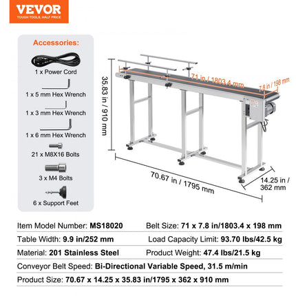 VEVOR transportband, 1803,4 x 198,1 mm transporttafel, roestvrijstalen gemotoriseerde transportband voor inkjetcodeertoepassingen, aangedreven PVC-band, instelbare snelheid (dubbele leuning)