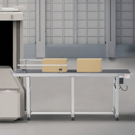 VEVOR transportband, 1803,4 x 198,1 mm transporttafel, roestvrijstalen gemotoriseerde transportband voor inkjetcodeertoepassingen, aangedreven PVC-band, instelbare snelheid (dubbele leuning)