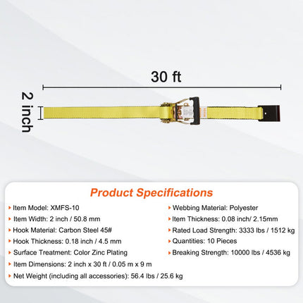 VEVOR Set van 10 spanbanden Spanband van 0,05 x 9 m 4536 kg spanband met ratel polyester band haakbevestigingsband van koolstofstaal spanband met ratel ideaal voor motorfietsen fietsen kajaks UTV boten ATV