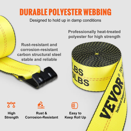 VEVOR Lierriemen 96 x 94 mm 2,7T Draagvermogen 8,2T Breeksterkte Vrachtwagenriemen met platte haak Flatbed-sjorriemen Lastcontrole voor aanhangwagens Boerderijen Reddingen Boombeschermers Geel (4 stuks)