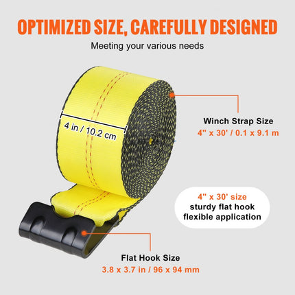 VEVOR Lierriemen, 4" x 30', 6000 lbs laadvermogen, 18000 lbs breeksterkte, vrachtwagenriemen met platte haak, lastcontrole voor aanhangwagens, boerderijen, reddingsacties, boombeschermers, geel (10 stuks)