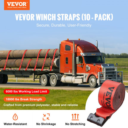 VEVOR Lierriemen, 4" x 30', 6000 lbs laadvermogen, 18000 lbs breeksterkte, vrachtwagenriemen met platte haak, lastcontrole voor aanhangwagens, boerderijen, reddingsacties, boombeschermers, rood (10 stuks)