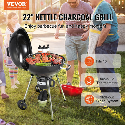 VEVOR Kettle houtskoolgrill kogelgrill 56 cm draagbaar, barbecue kogelgrill met deksel, asbak picknickgrill met groot grilloppervlak, houtskool, zwart, 63 x 82 x 88 cm houtskool ronde grill reizen