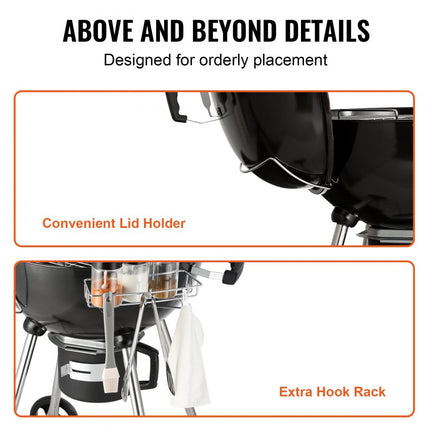 VEVOR Kettle houtskoolgrill kogelgrill 56 cm draagbaar, barbecue kogelgrill met deksel, asbak picknickgrill met groot grilloppervlak, houtskool, zwart, 63 x 82 x 88 cm houtskool ronde grill reizen