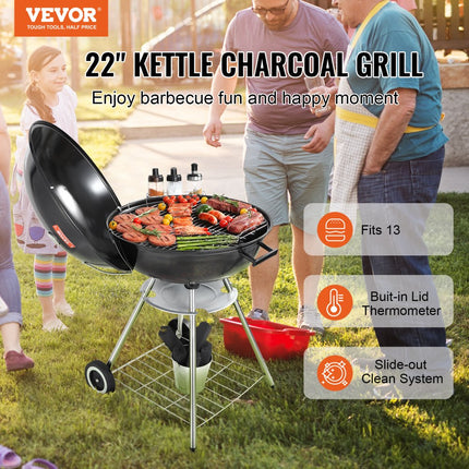 VEVOR Kettle houtskoolgrill kogelgrill 56 cm draagbaar, barbecue kogelgrill met deksel, heerlijke BBQ, picknickgrill met groot grilloppervlak, houtskool, zwart, 63 x 82 x 88 cm houtskool ronde grill reizen