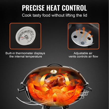 VEVOR Kettle houtskoolgrill kogelgrill 56 cm draagbaar, barbecue kogelgrill met deksel, heerlijke BBQ, picknickgrill met groot grilloppervlak, houtskool, zwart, 63 x 82 x 88 cm houtskool ronde grill reizen