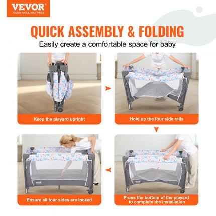 VEVOR babybedje bijzetbed baby oprolbaar 4 in 1, 926 x 598 x 692 mm reisbedcombinatieset 35 kg max. draagvermogen, babyreisbed met klamboe en dierenspeelgoed en haken, praktische wieg
