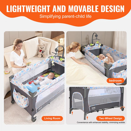 VEVOR babybedje bijzetbed baby oprolbaar 4 in 1, 926 x 598 x 692 mm reisbedcombinatieset 35 kg max. draagvermogen, babyreisbed met klamboe en dierenspeelgoed en haken, praktische wieg