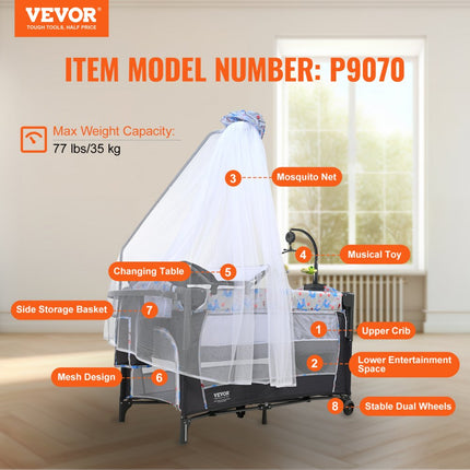 VEVOR babybedje bijzetbed baby oprolbaar 4 in 1, 926 x 598 x 692 mm reisbedcombinatieset 35 kg max. draagvermogen, babyreisbed met klamboe en dierenspeelgoed en haken, praktische wieg
