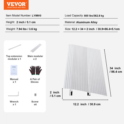 VEVOR Instaphelling 12" x 34" x 2" Rolstoelhelling 800 lbs Laadvermogen Toegangshelling van aluminiumlegering Stoeprand Modulair ontwerp Drempelhelling Antislip aluminium oprit