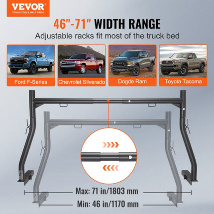 VEVOR Truck Carrier Truck Rack, 1170-1803 mm uitschuifbaar vrachtwagenladderrek, 363 kg laadvermogen, stalen ladderrek voor vrachtwagens met niet-borende J-bouten, vrachtwagenbedrek voor surfplank enz.