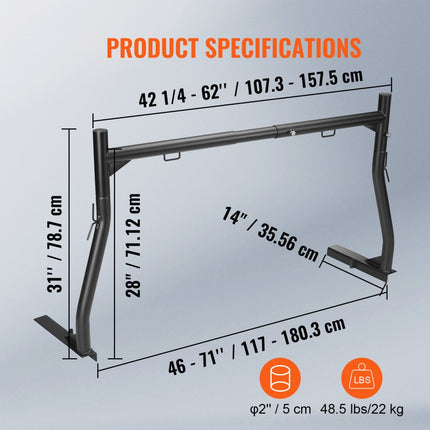 VEVOR Truck Carrier Truck Rack, 1170-1803 mm uitschuifbaar vrachtwagenladderrek, 363 kg laadvermogen, stalen ladderrek voor vrachtwagens met niet-borende J-bouten, vrachtwagenbedrek voor surfplank enz.