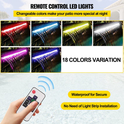 VEVOR Zwembadwatervalspiller, 90 x 11,5 x 8 cm, roestvrijstalen zwembadwaterornament met kleurrijke LED-strip, slangaansluiting, afstandsbediening, corrosiebestendige fontein voor vijverzwembad