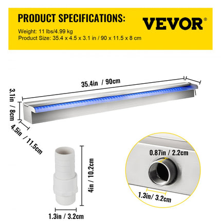 VEVOR Zwembadwatervalspiller, 90 x 11,5 x 8 cm, roestvrijstalen zwembadwaterornament met kleurrijke LED-strip, slangaansluiting, afstandsbediening, corrosiebestendige fontein voor vijverzwembad