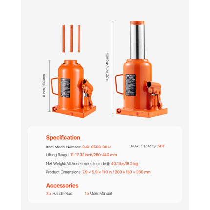 VEVOR Hydraulische krik 50t Handmatige stempelkrik Workshop 28-44cm