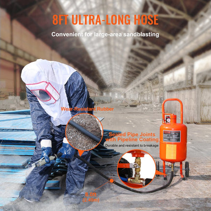 VEVOR Mobiel zandstraalapparaat 18,92 l Zandstraalsysteem 243,84 cm Werkslang Zandstraalapparaat 60-110 PSI Werkdruk Ideaal voor het verwijderen van roest, verf, vlekken en het polijsten van grote oppervlakken