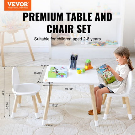 VEVOR kinderzitgroep kindertafel, 2 kinderstoelen 1 tafel kinderzitgroep van grenenhout, kindertafelset, stal kindermeubel zitje voor kinderen, meisjes, jongens, speelkamer kindermeubelset wit