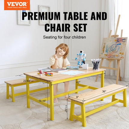 VEVOR kinderzitgroep, kindertafel, 2 banken, 1 tafel, kinderzitgroep van massief hout, kindertafelset, stabiel kindermeubel, zitmeubel voor kinderen, meisjes, jongens, speelkamer, kindermeubelset, geel